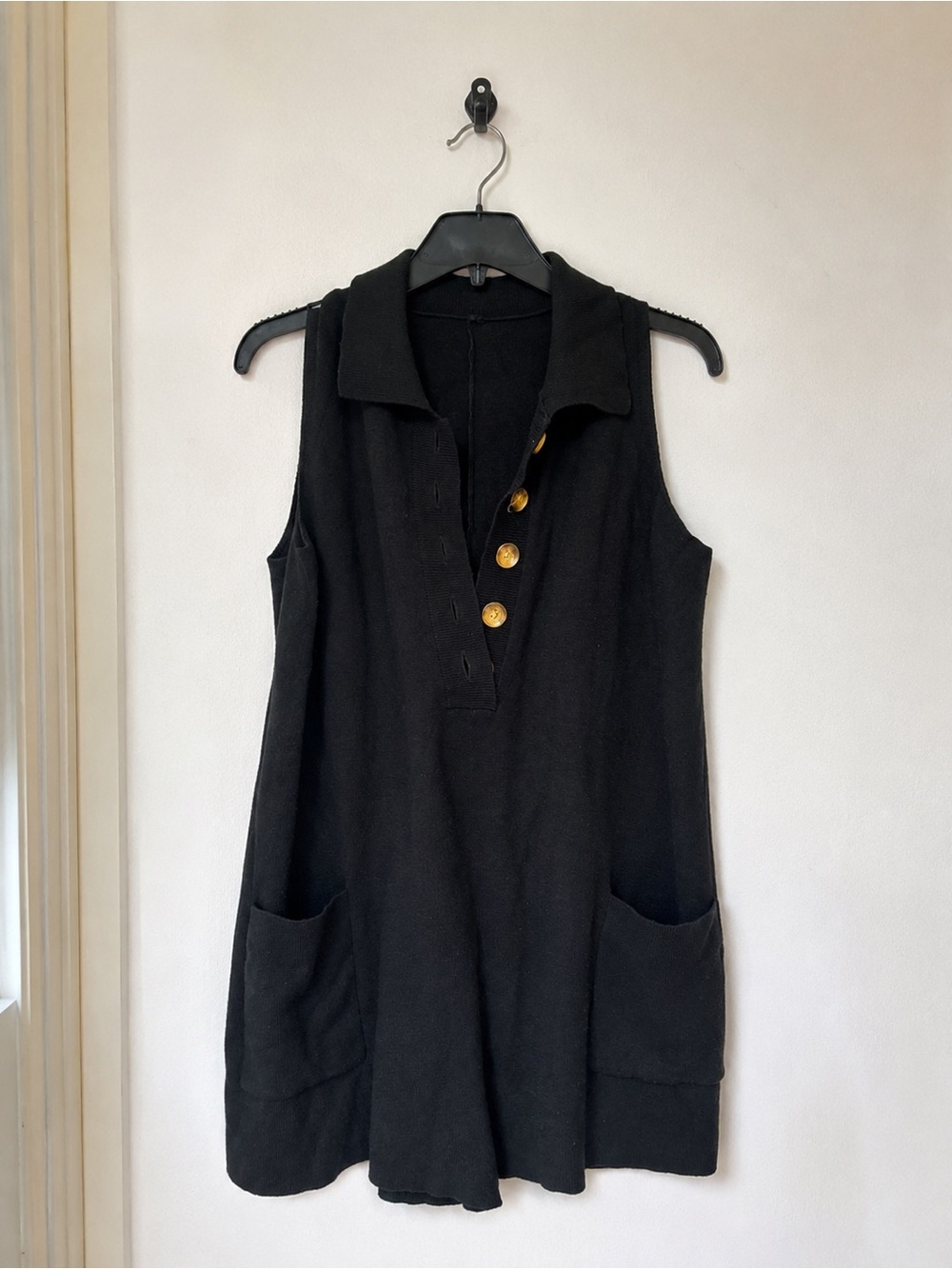 Sleeveless Black Collared Tunic with Gold Buttons